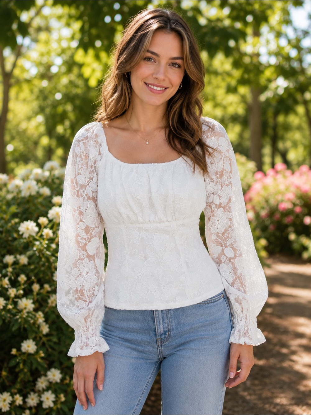 Boho White Lace Peasant Blouse with Puff Sheer Sleeves Size Juniors S.